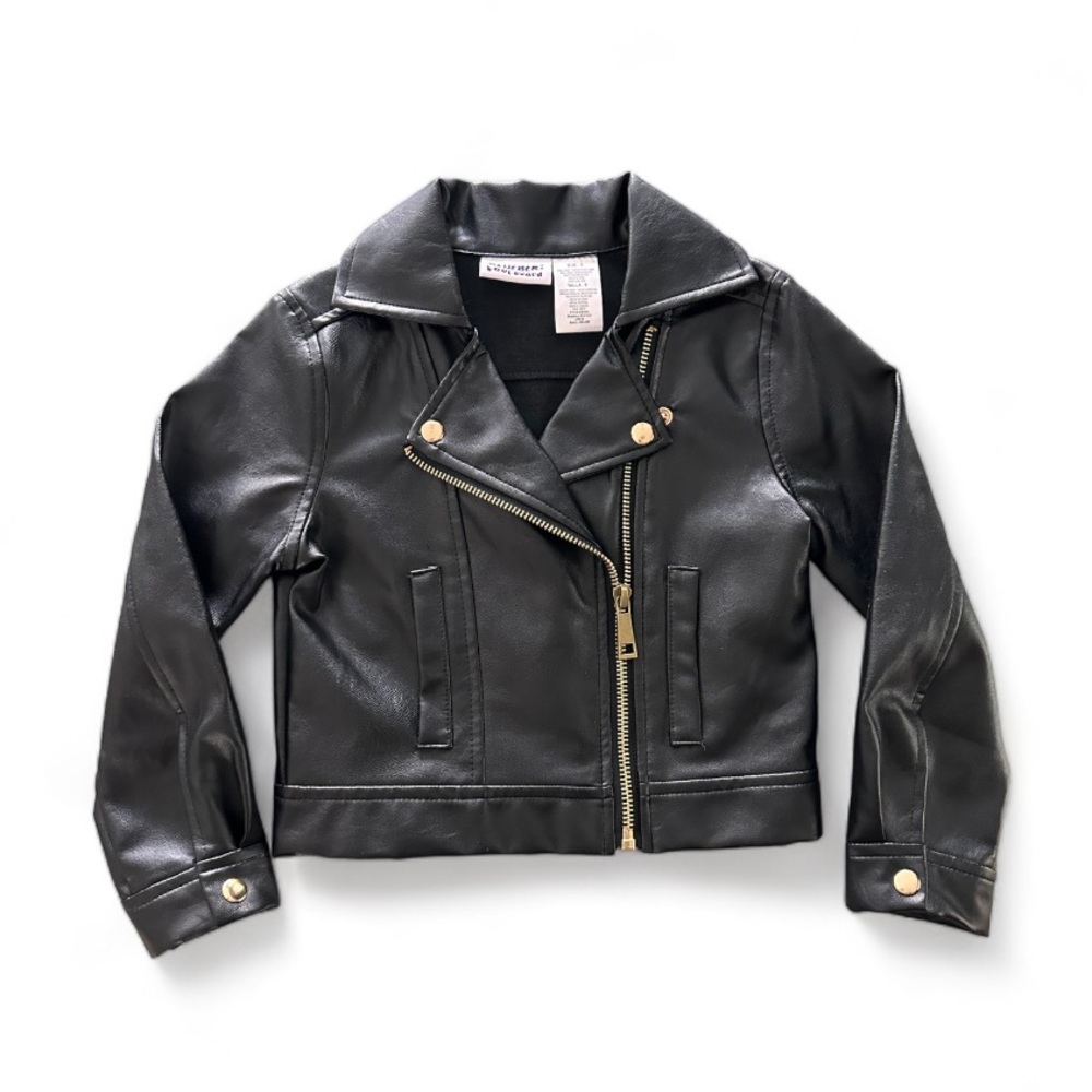 NWOT Girls Fashion PU Leather Motorcycle Jacket, Black, Sz:5